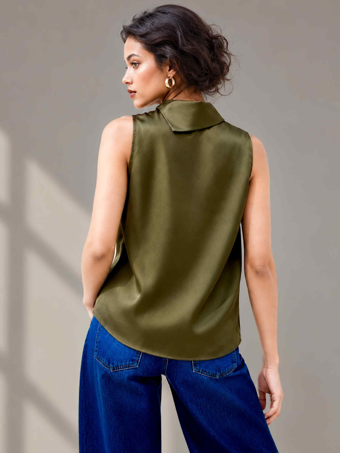 Folded Collar Satin Top - Olive