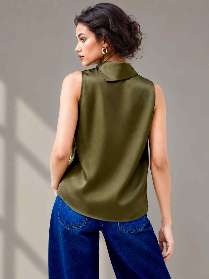 Folded Collar Satin Top - Olive
