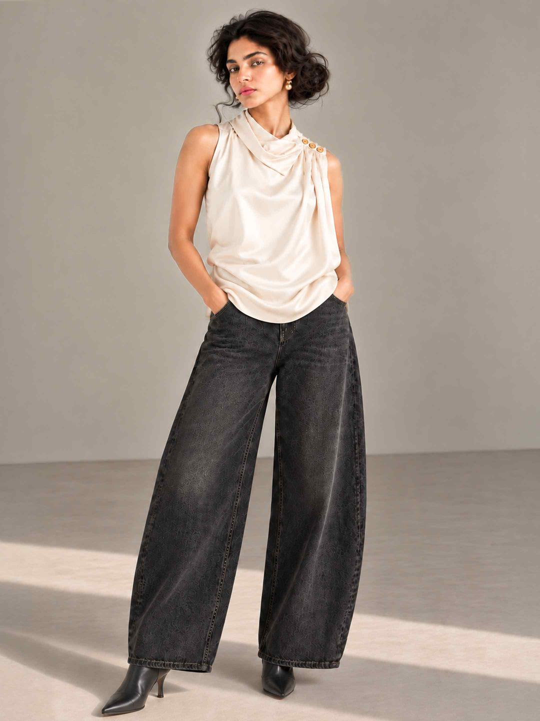 Folded Collar Satin Top - Ivory