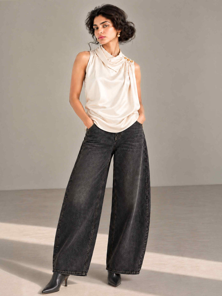 Folded Collar Satin Top - Ivory