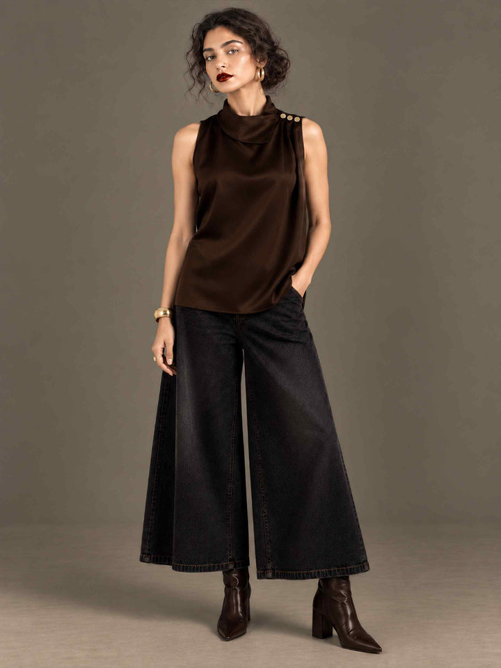 Folded Collar Satin Top - Coffee