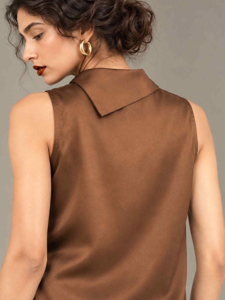 Folded Collar Satin Top - Caramel