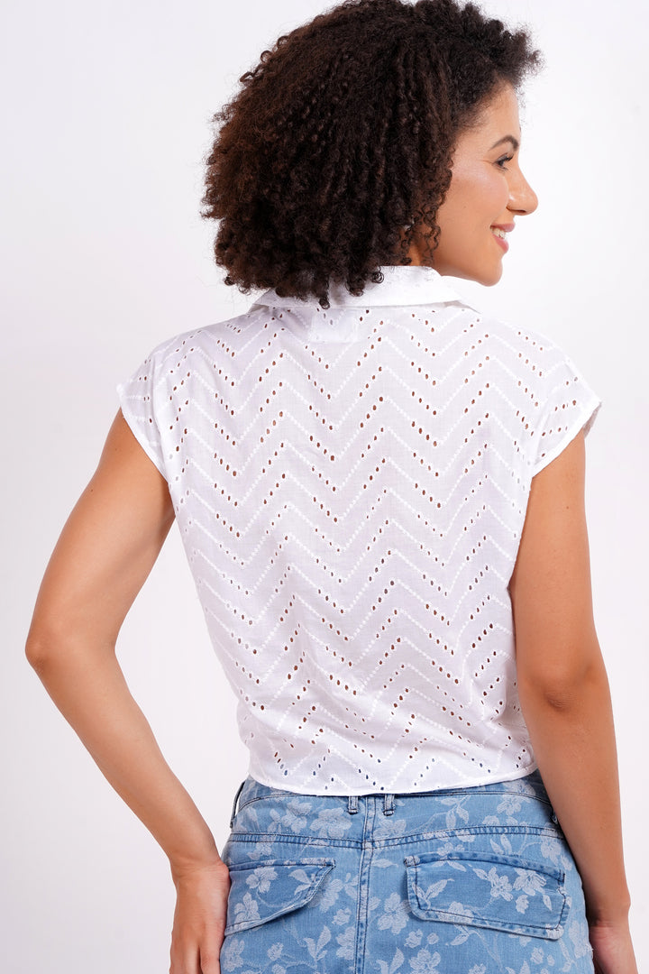 Knotted Schiffli Top - Pearl White