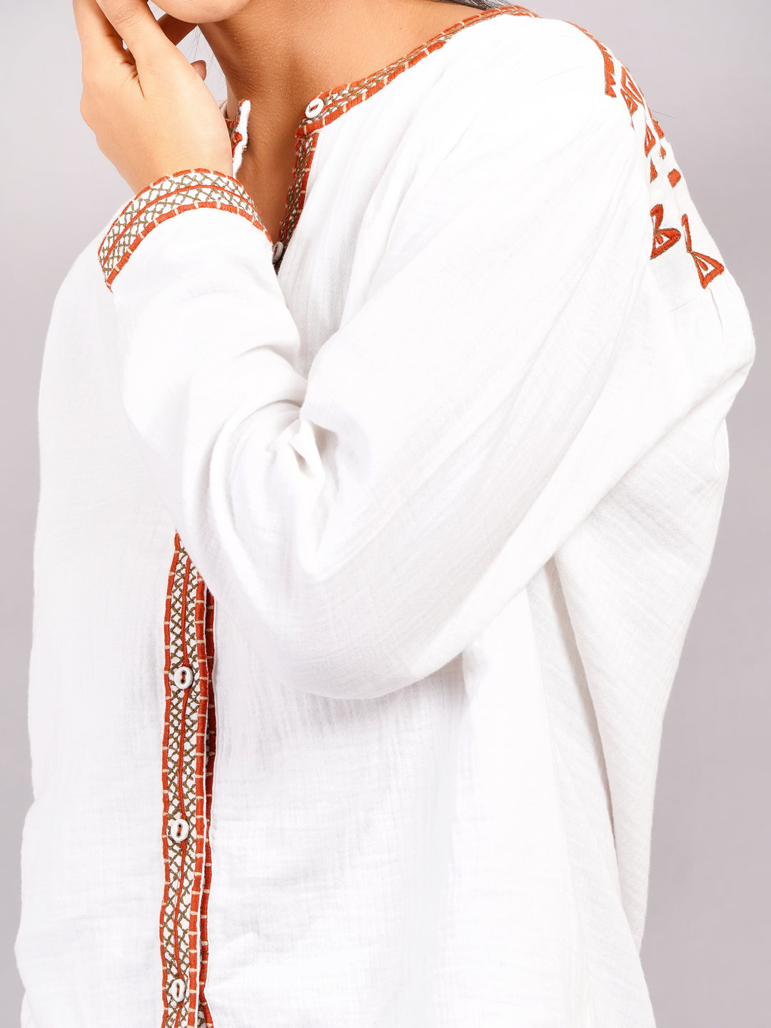 Women's Embroidered Organic Cotton Shirt - Fall-Inspired Elegance