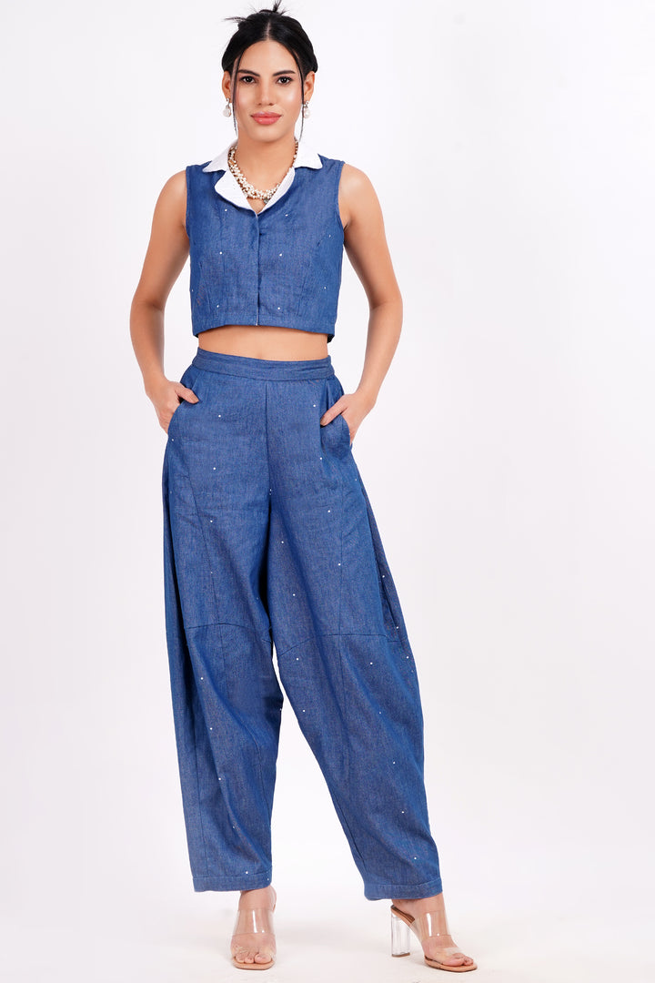 Polka Dot Denim Crop Top - Blue And White