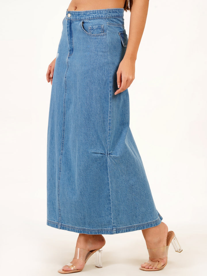 Ankle Length Blue Denim Skirt - Ruched Sides & Back Slit