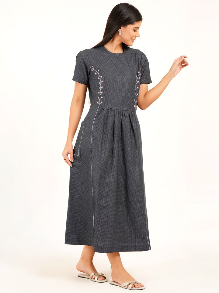 Soft Self-Check Denim Dress With Embroidered Seams