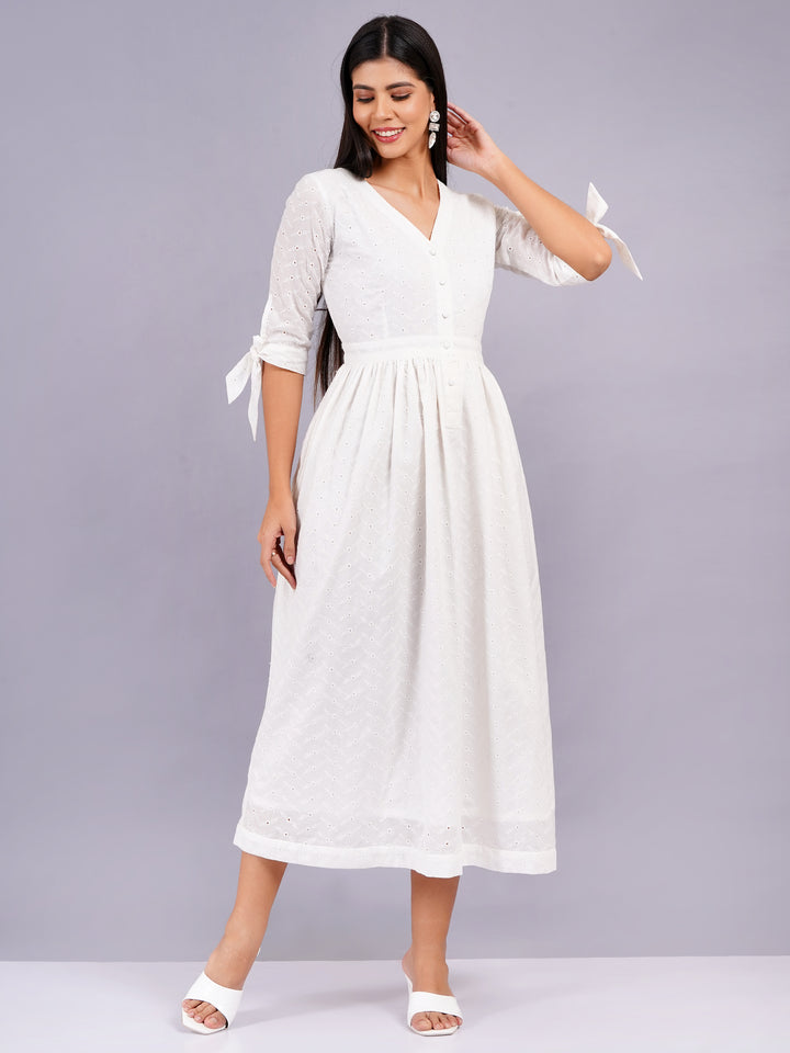 Elegant All-Over Embroidered White Schiffli Midi Dress