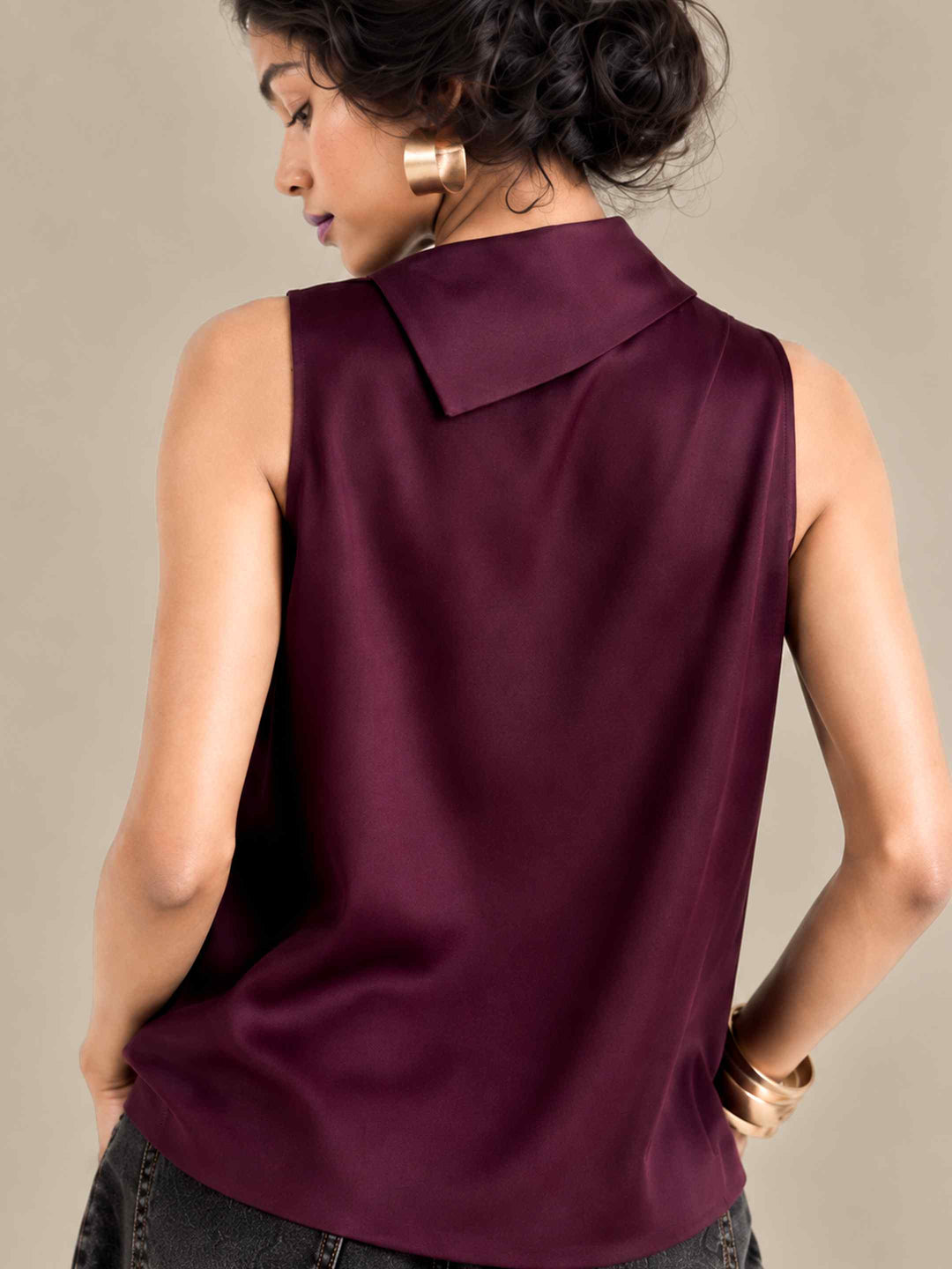 Folded Collar Satin Top - Wine