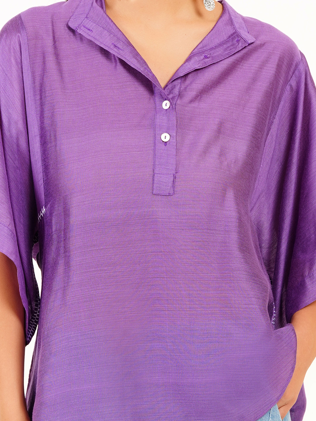 Elegant Purple Cotton Silk Smocked Top - Boxy Fit
