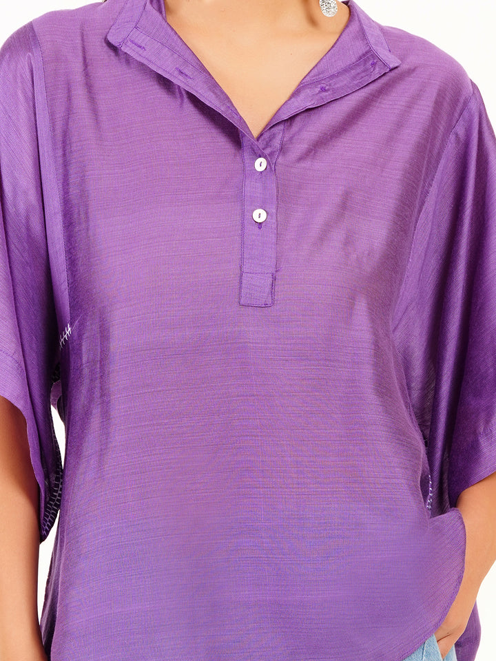 Elegant Purple Cotton Silk Smocked Top - Boxy Fit