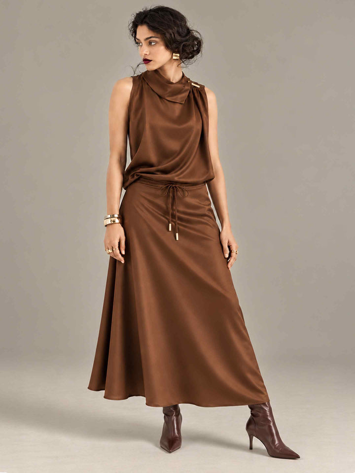 Folded Collar Satin Top - Caramel