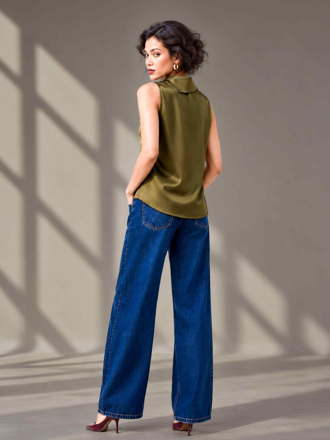 Folded Collar Satin Top - Olive
