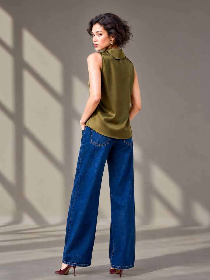 Folded Collar Satin Top - Olive