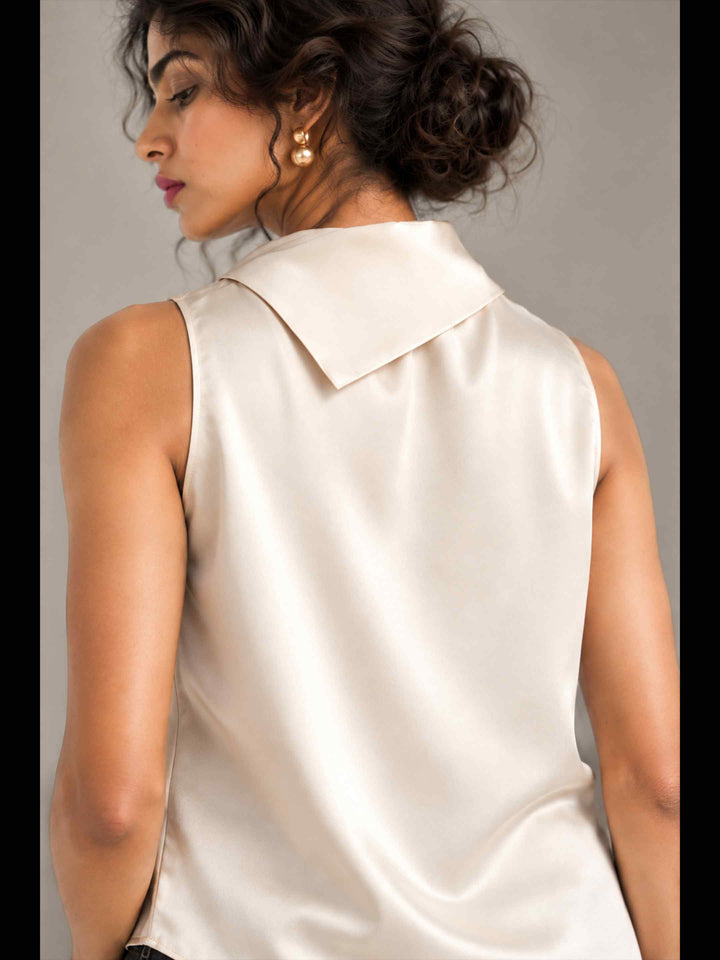 Folded Collar Satin Top - Ivory
