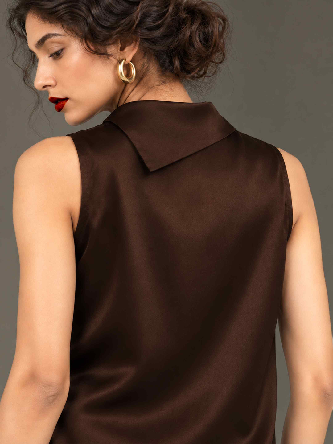 Folded Collar Satin Top - Coffee