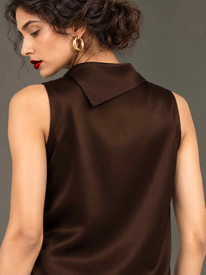 Folded Collar Satin Top - Coffee