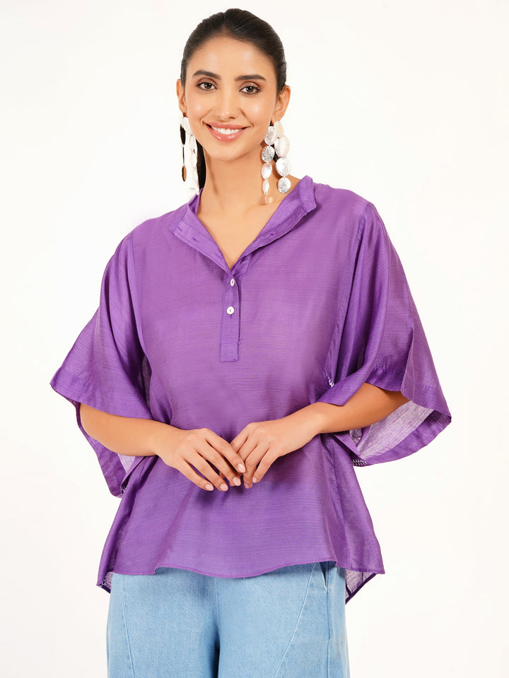 Elegant Purple Cotton Silk Smocked Top - Boxy Fit