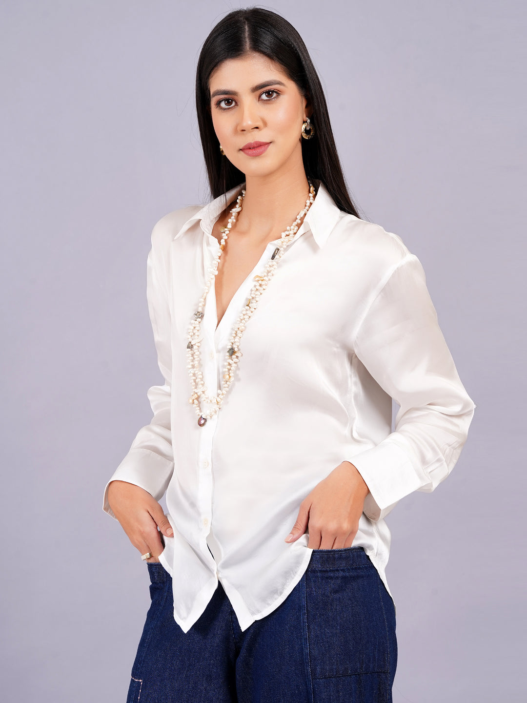 White Full Sleeves Silky Satin Shirt