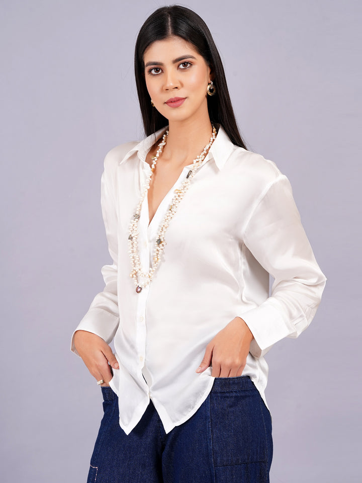 White Full Sleeves Silky Satin Shirt