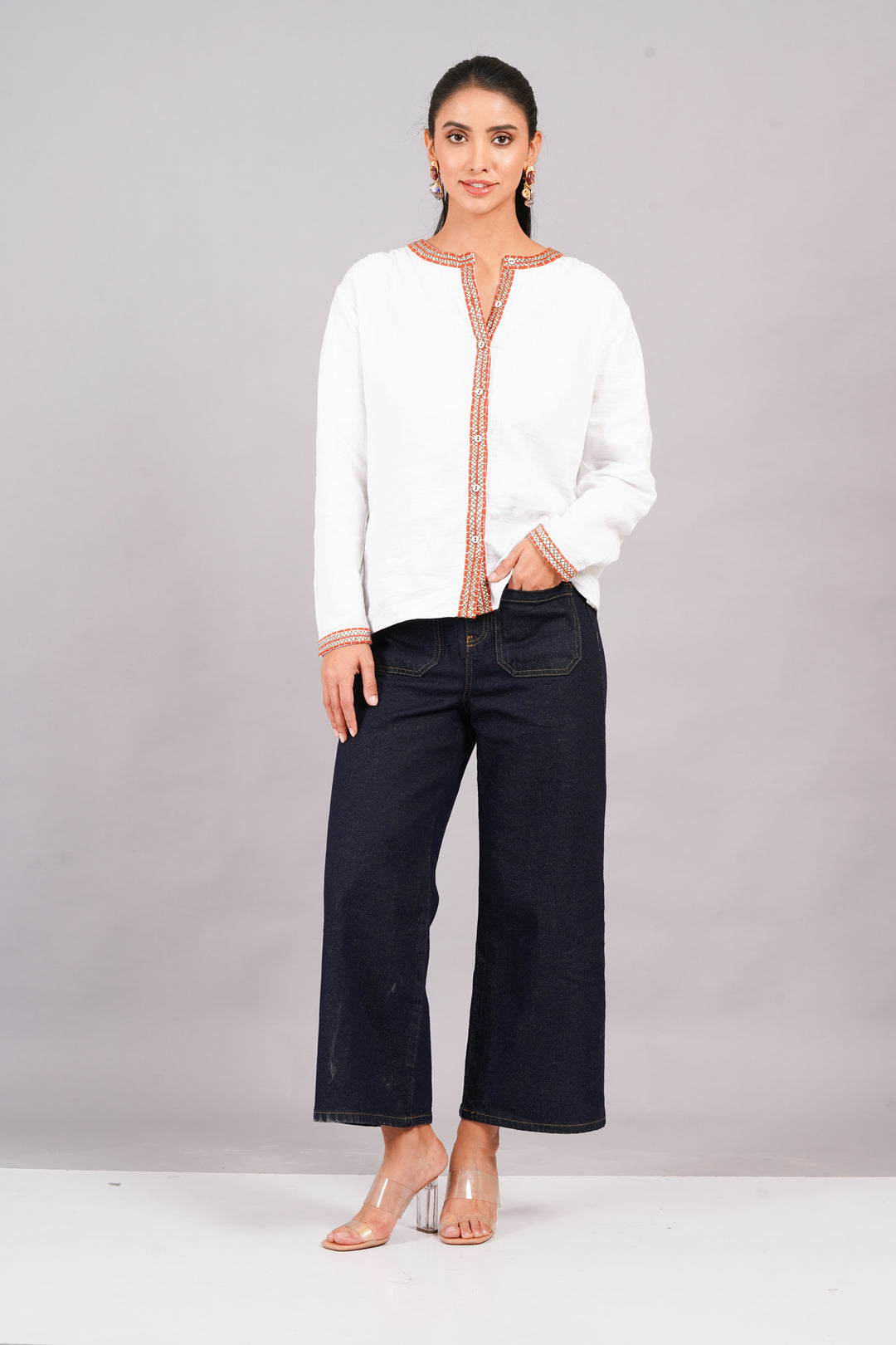 Women's Embroidered Organic Cotton Shirt - Fall-Inspired Elegance
