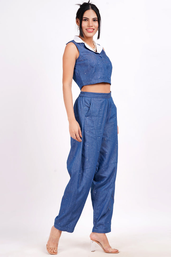 Polka Dot Denim Crop Top - Blue And White