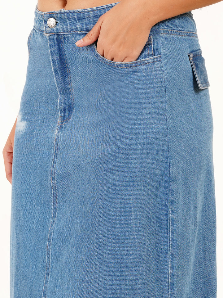 Ankle Length Blue Denim Skirt - Ruched Sides & Back Slit