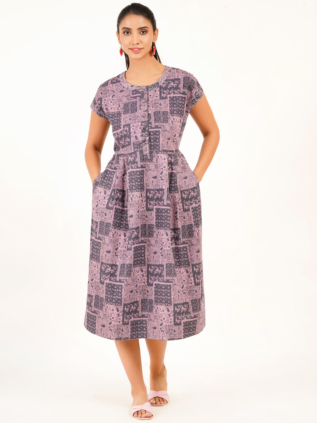 Pastel Pink Denim Midi Dress with Embroidered Neckline