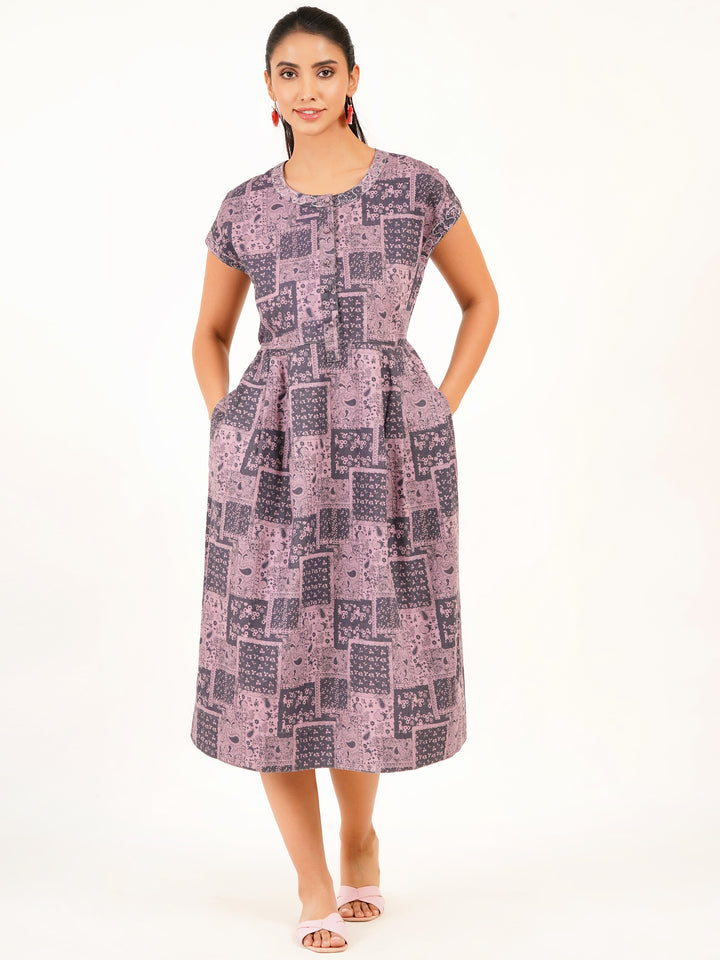 Pastel Pink Denim Midi Dress with Embroidered Neckline
