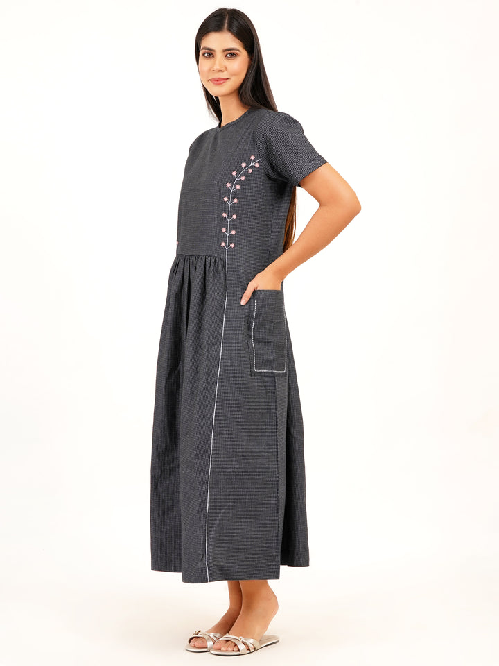 Soft Self-Check Denim Dress With Embroidered Seams