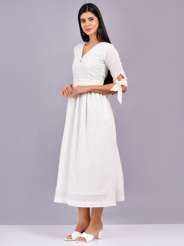 Elegant All-Over Embroidered White Schiffli Midi Dress