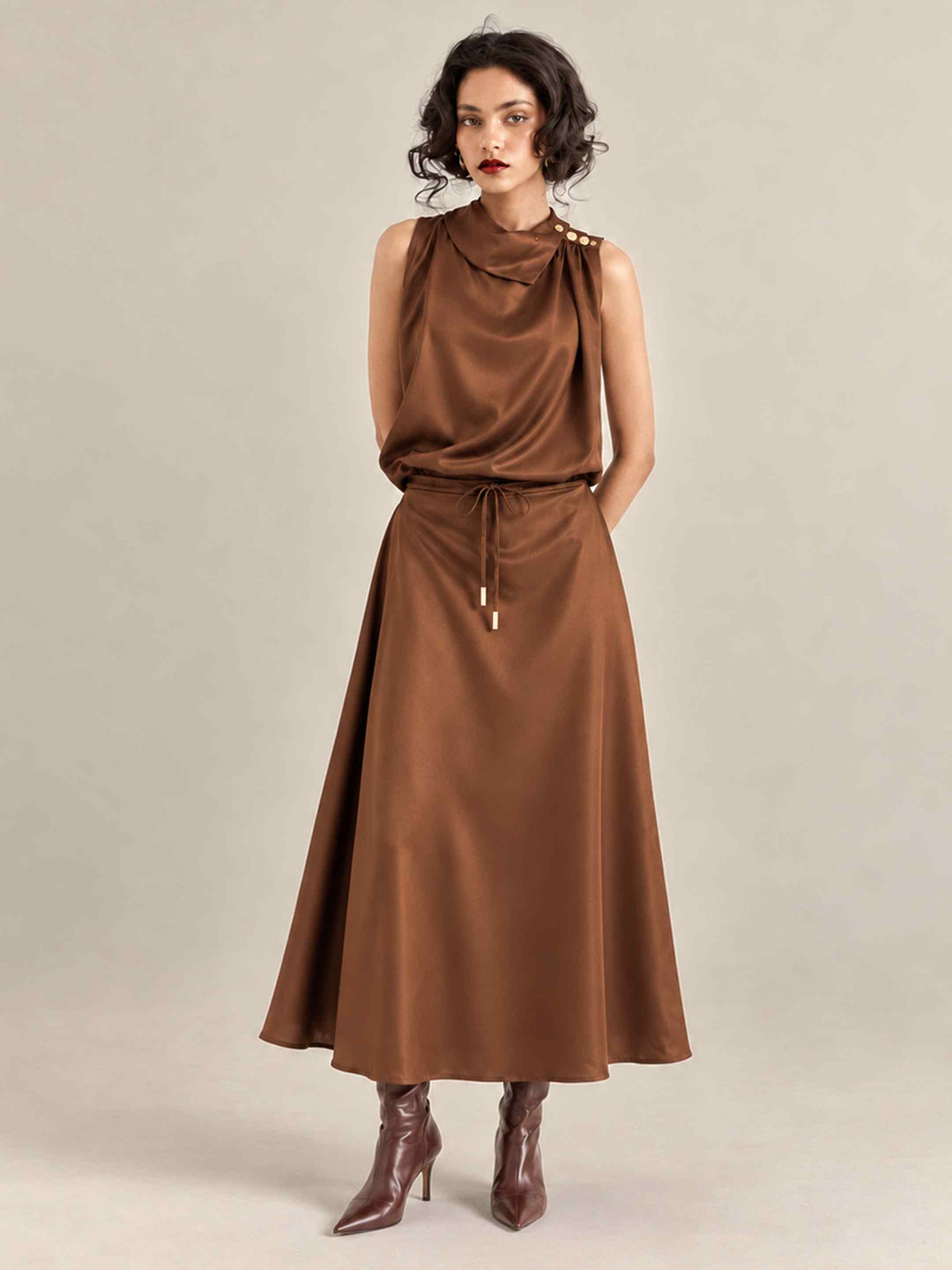 Folded Collar Satin Top - Caramel