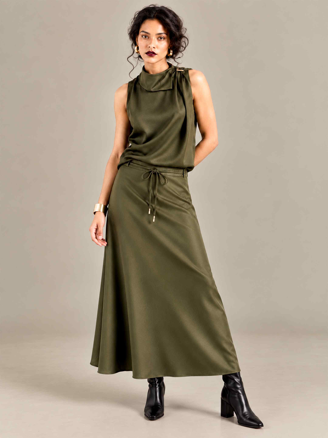 Folded Collar Satin Top - Olive