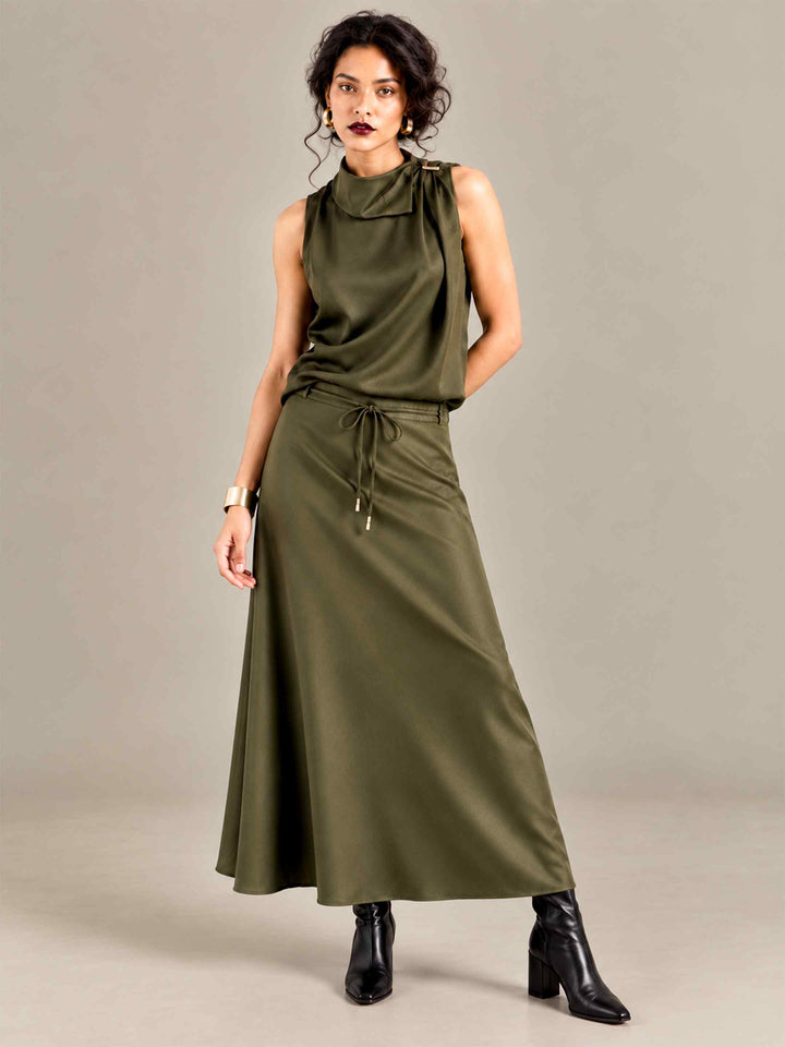 Folded Collar Satin Top - Olive
