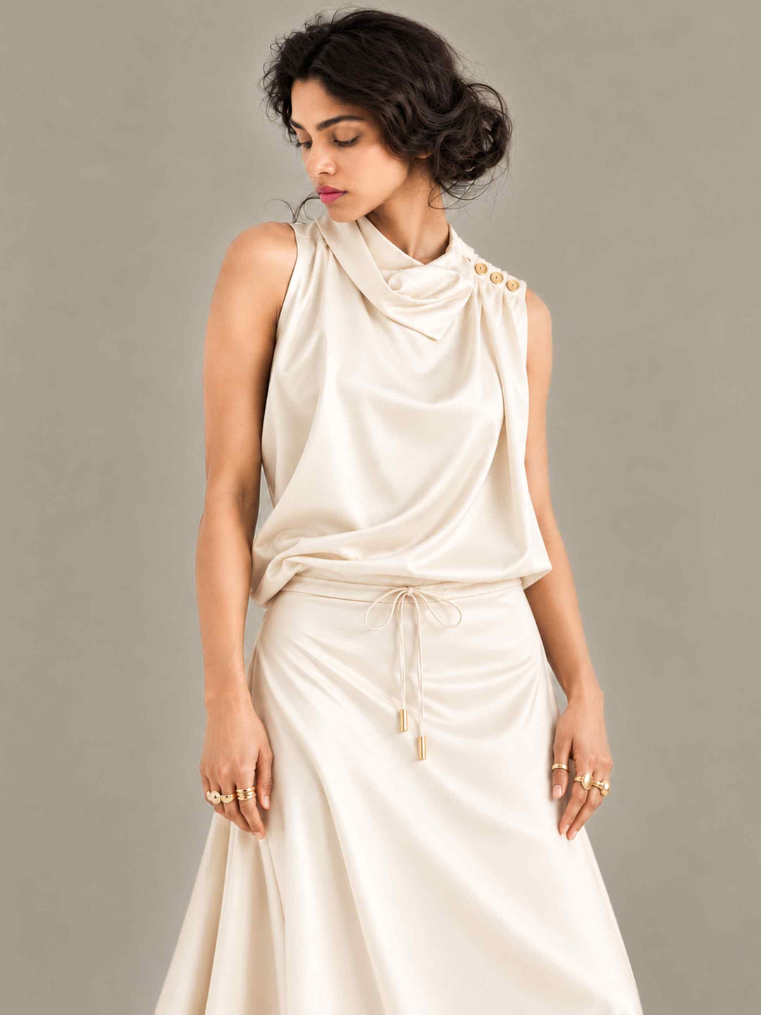 Folded Collar Satin Top - Ivory