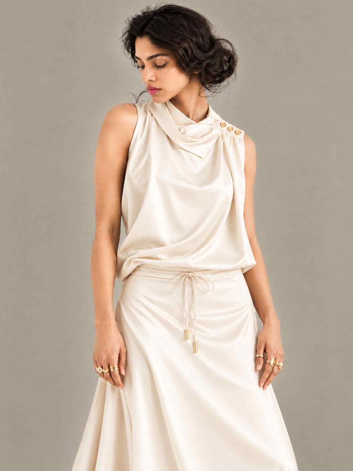Folded Collar Satin Top - Ivory