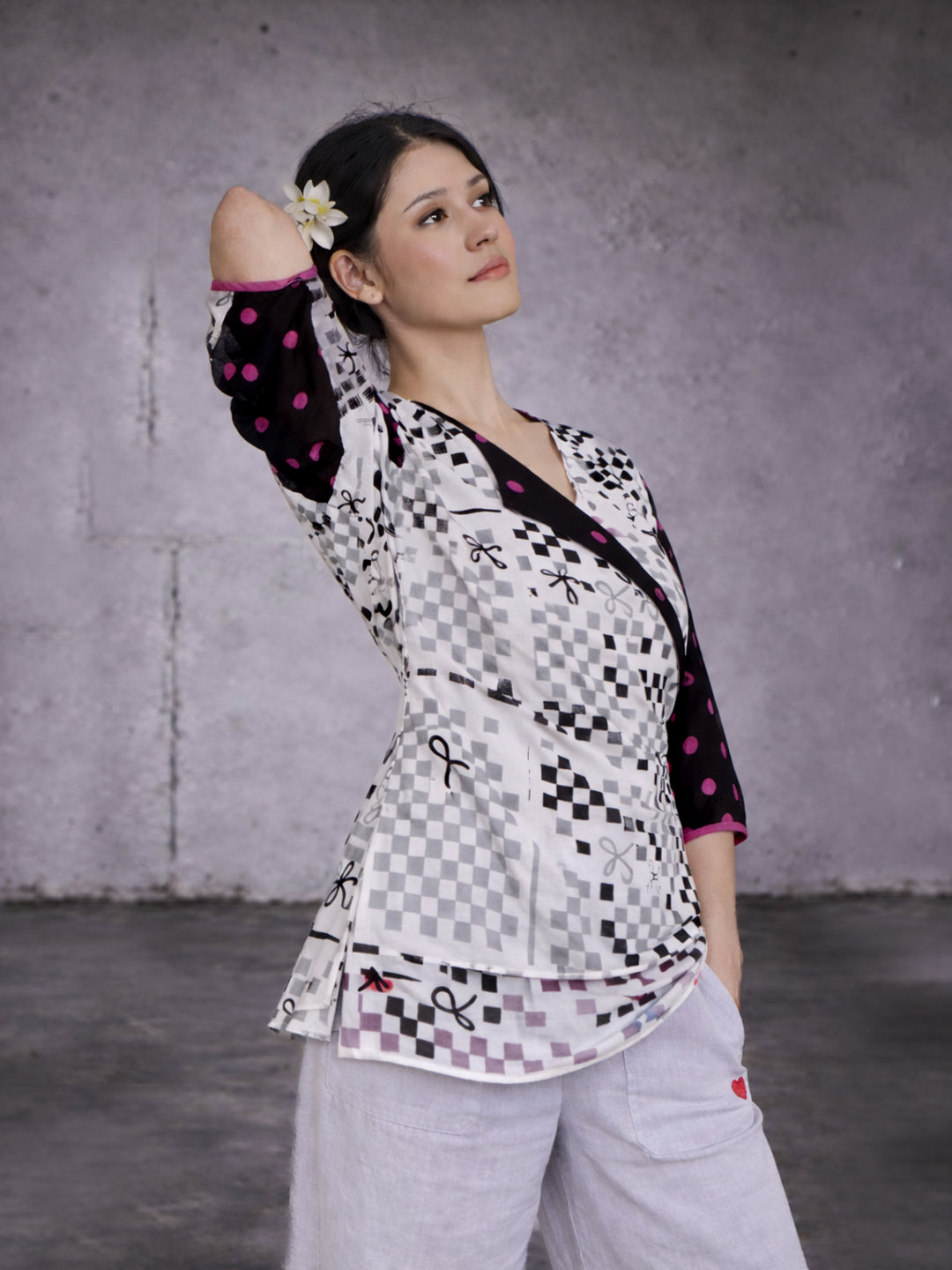 Graphic Checks Wrap-Around Top