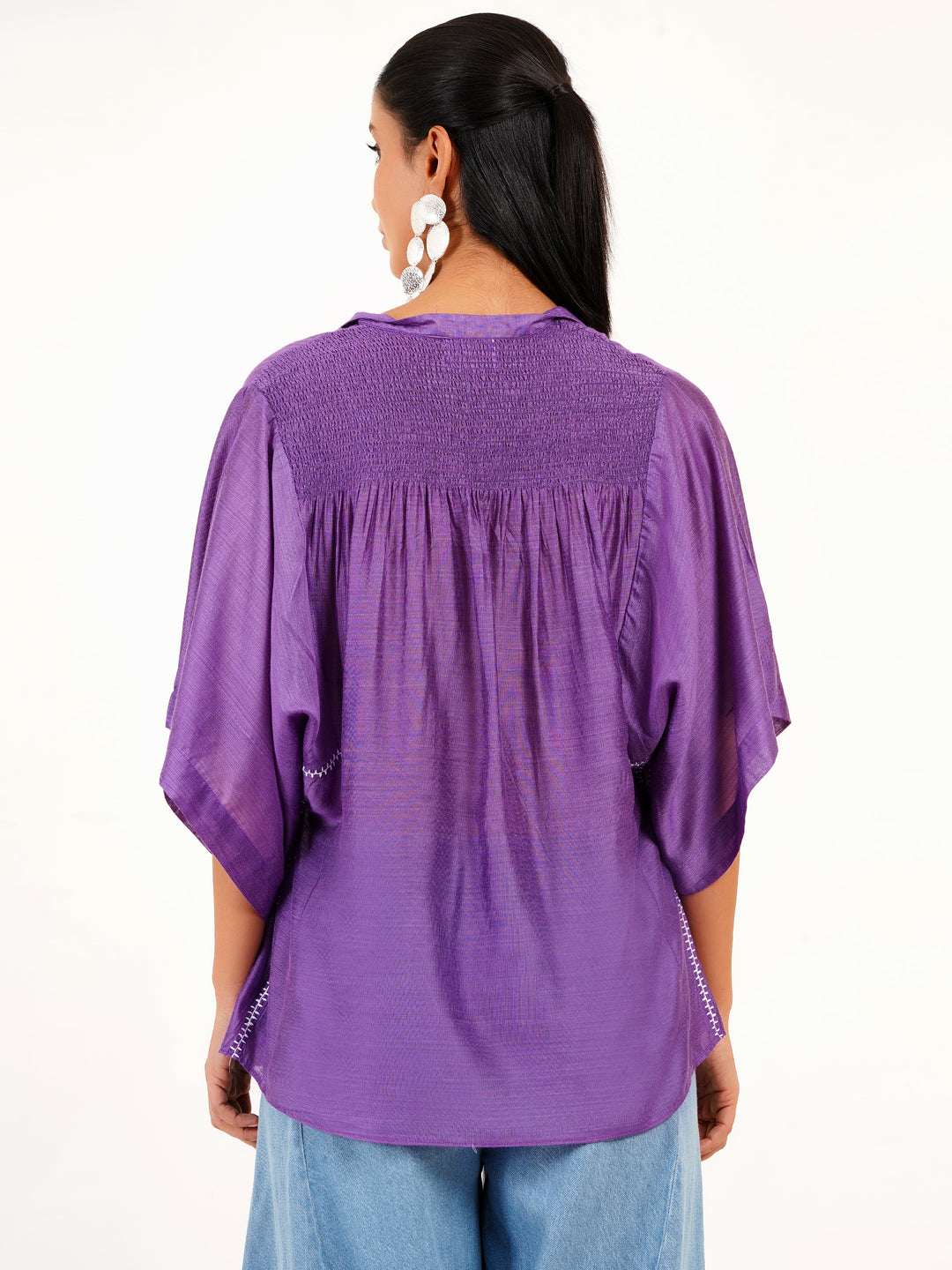 Elegant Purple Cotton Silk Smocked Top - Boxy Fit