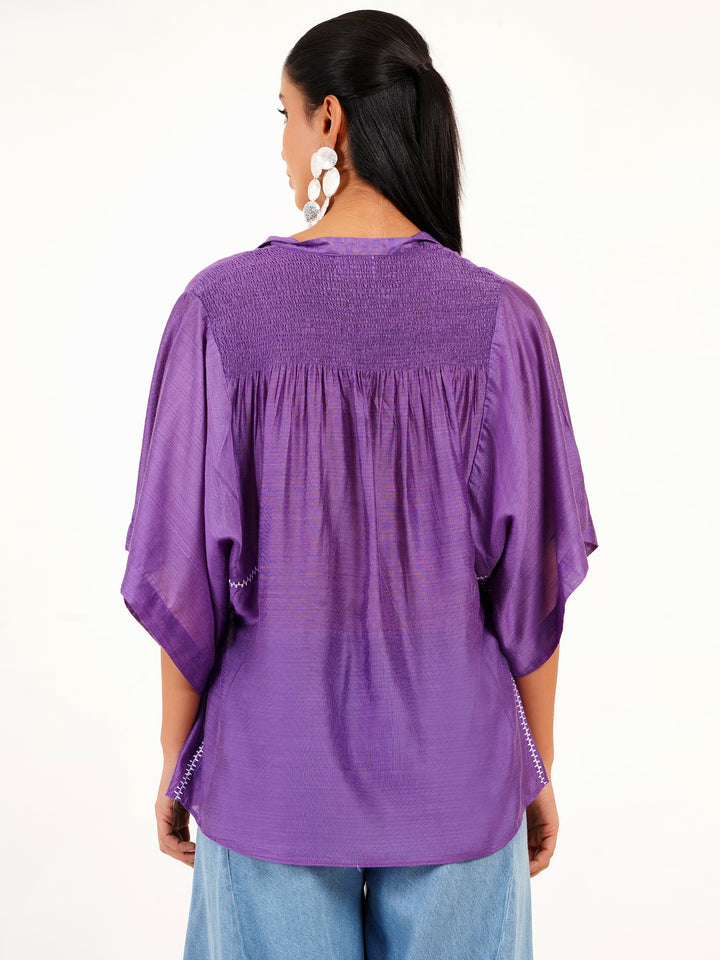Elegant Purple Cotton Silk Smocked Top - Boxy Fit