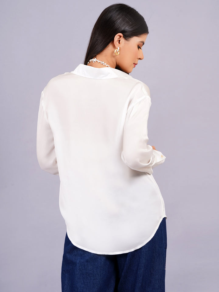 White Full Sleeves Silky Satin Shirt