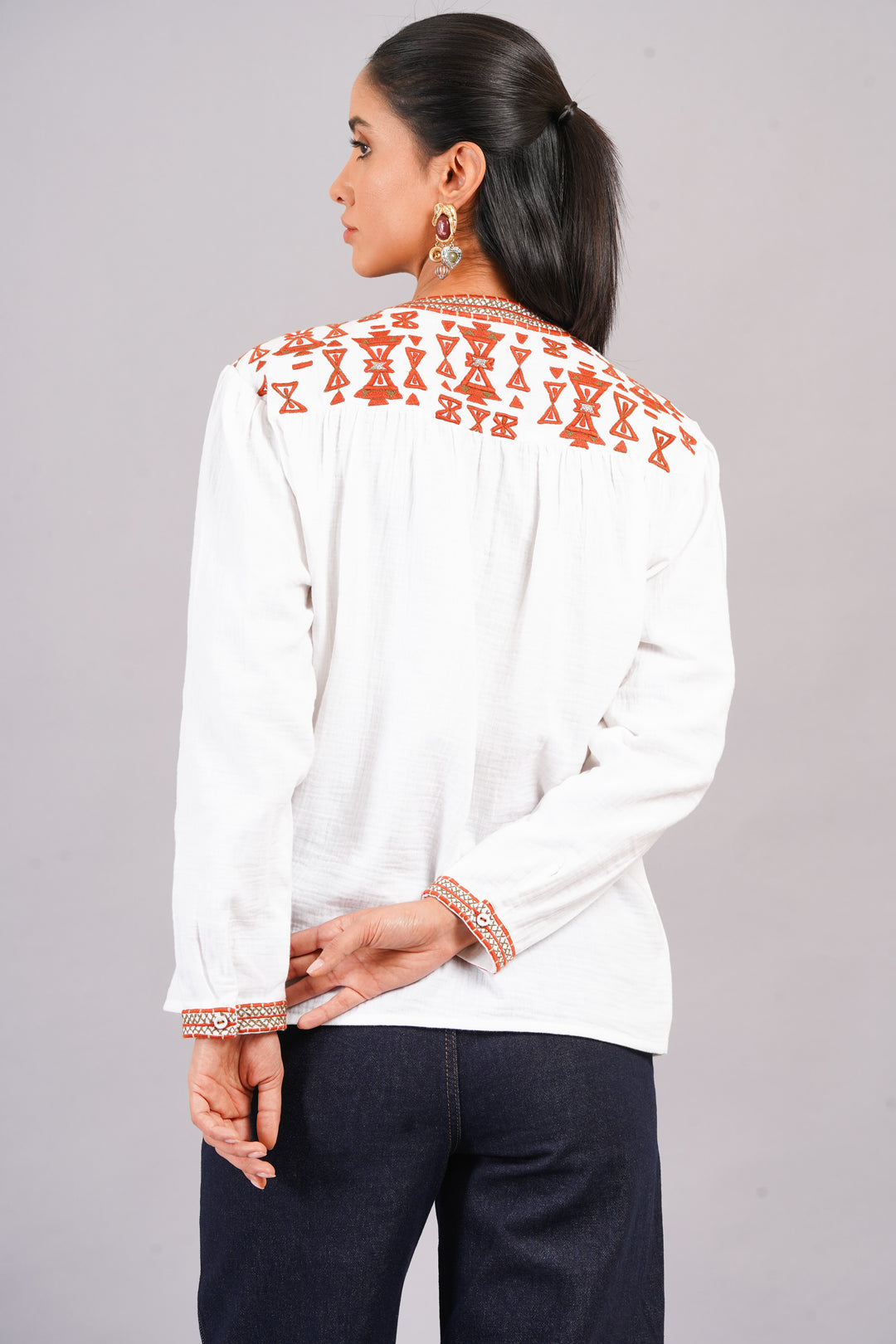 Women's Embroidered Organic Cotton Shirt - Fall-Inspired Elegance
