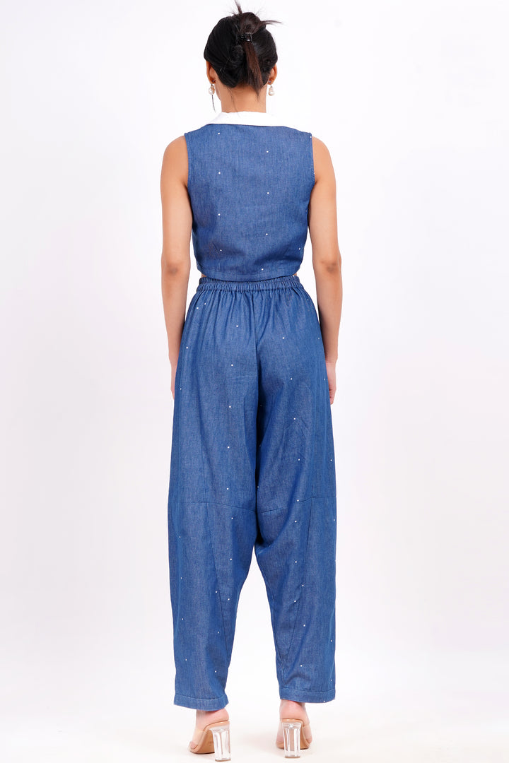 Polka Dot Denim Crop Top - Blue And White