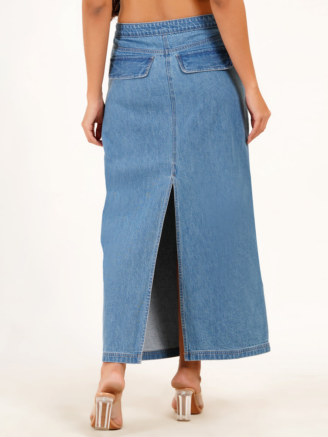 Ankle Length Blue Denim Skirt - Ruched Sides & Back Slit