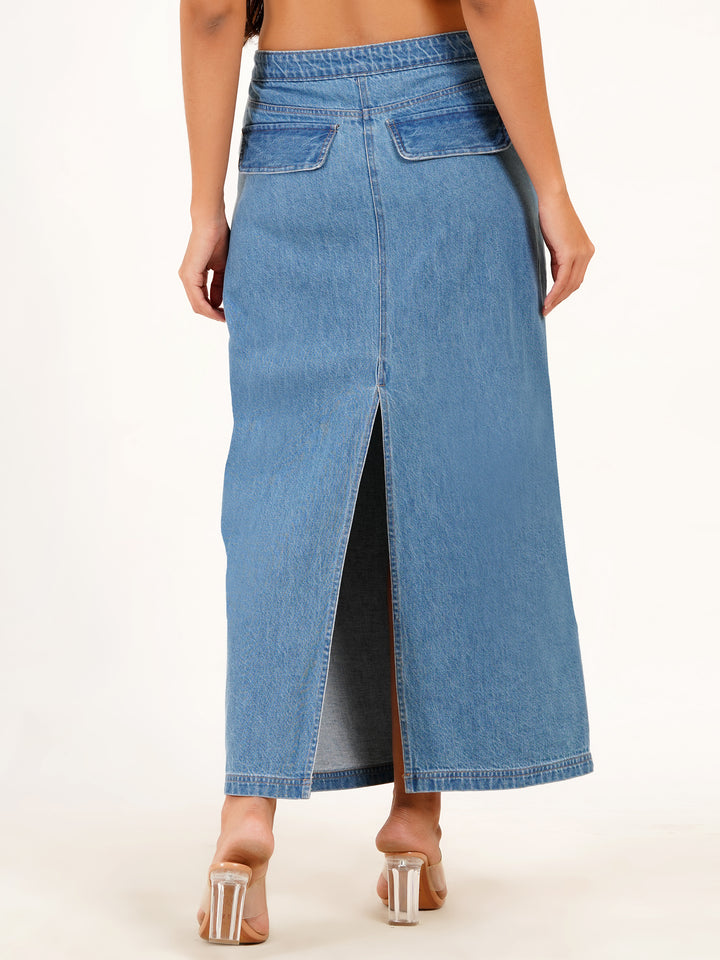 Ankle Length Blue Denim Skirt - Ruched Sides & Back Slit