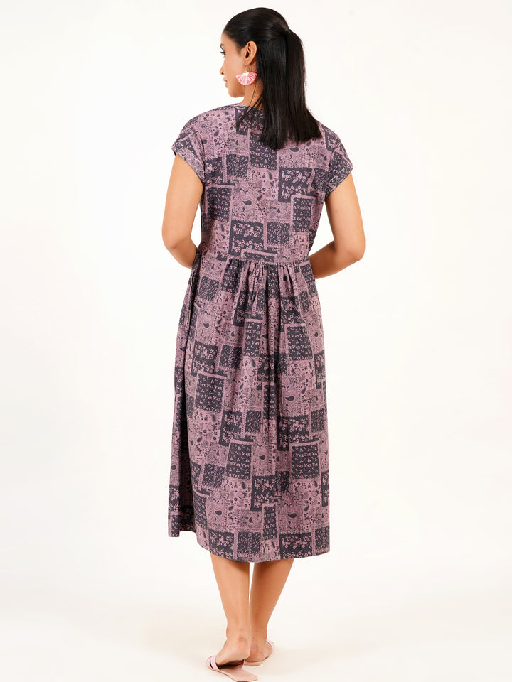 Pastel Pink Denim Midi Dress with Embroidered Neckline