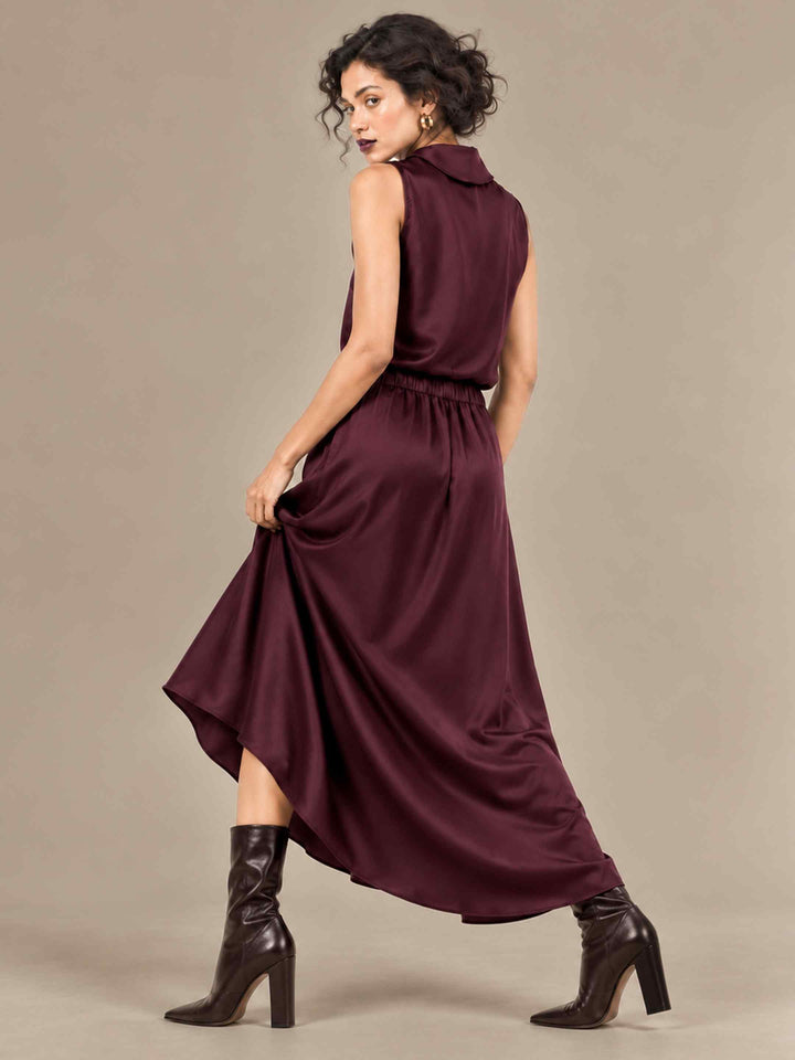 Folded Collar Satin Top - Wine