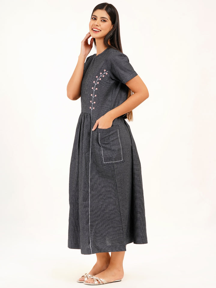 Soft Self-Check Denim Dress With Embroidered Seams