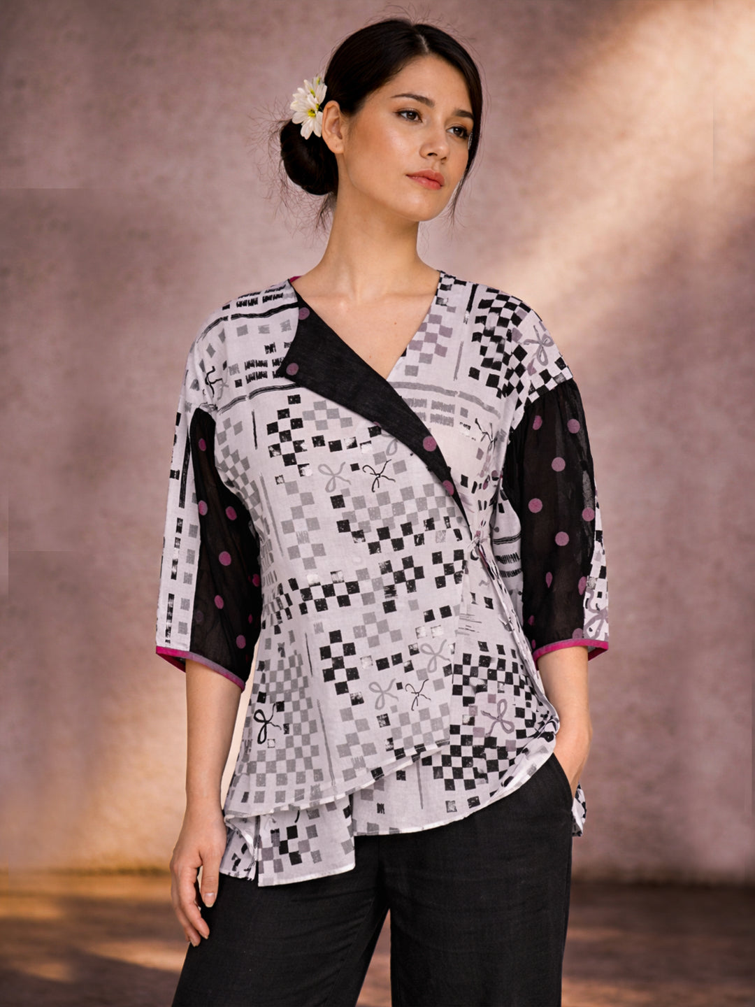 Graphic Checks Wrap-Around Top