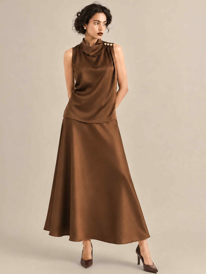Folded Collar Satin Top - Caramel