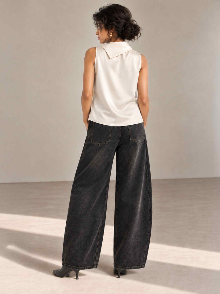 Folded Collar Satin Top - Ivory